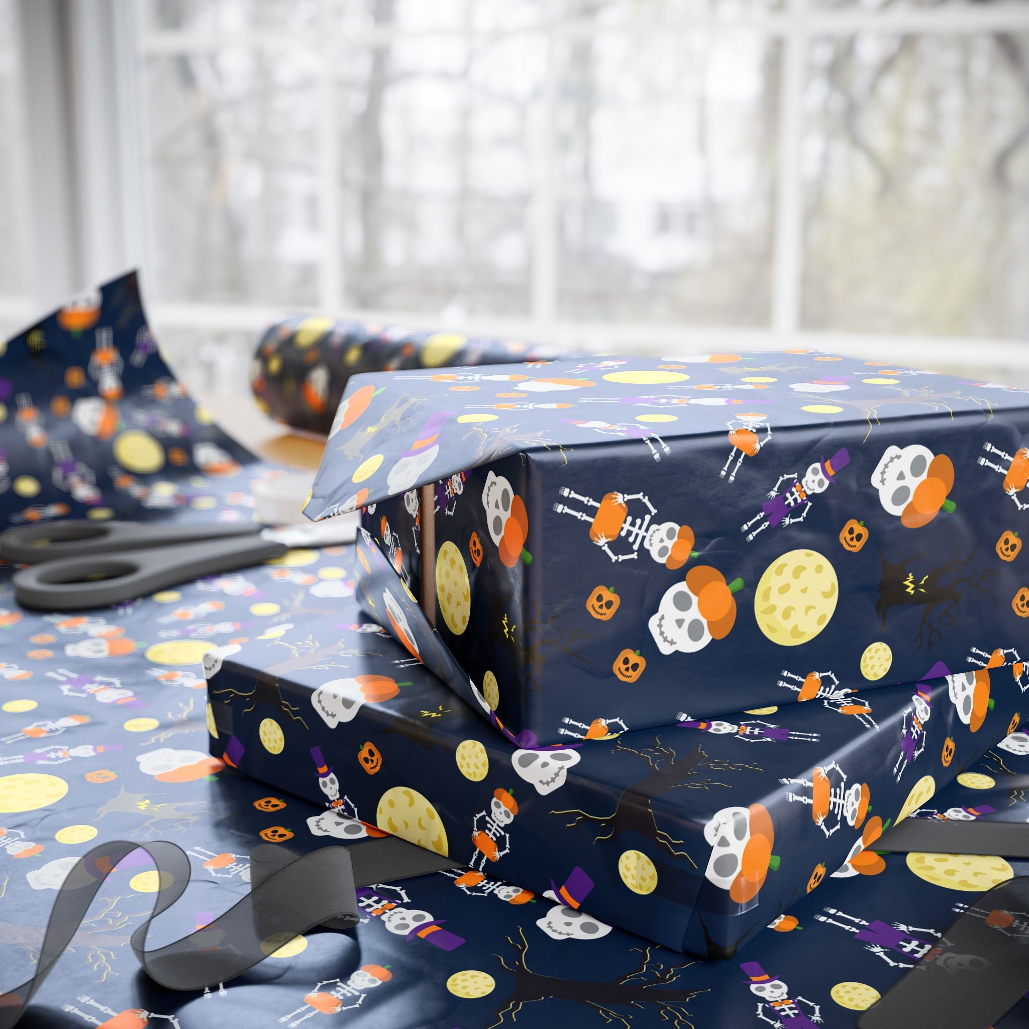 Halloween Skeleton Moons Wrapping Paper | Holiday Gift Wrapping Paper Roll