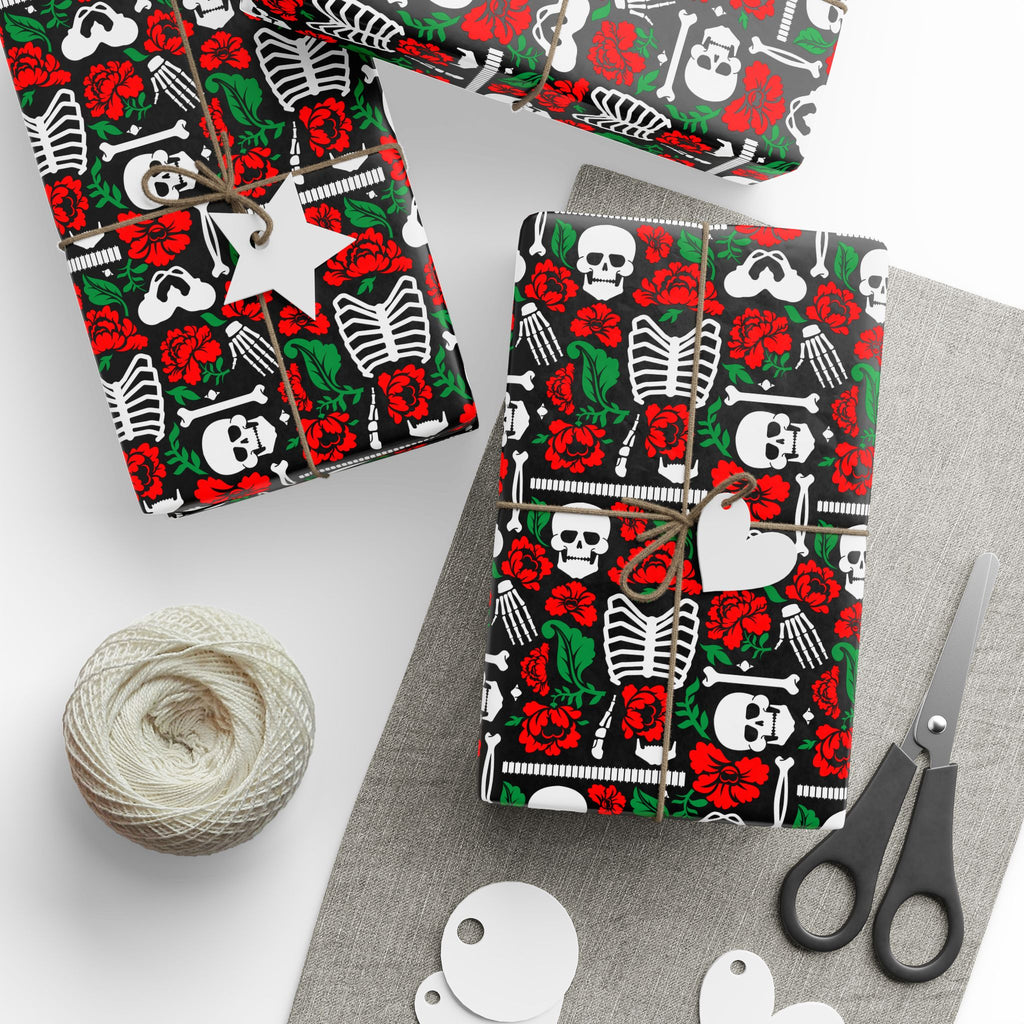 Day of the Dead Bones & Roses Wrapping Paper | Holiday Gift Wrapping Paper Roll