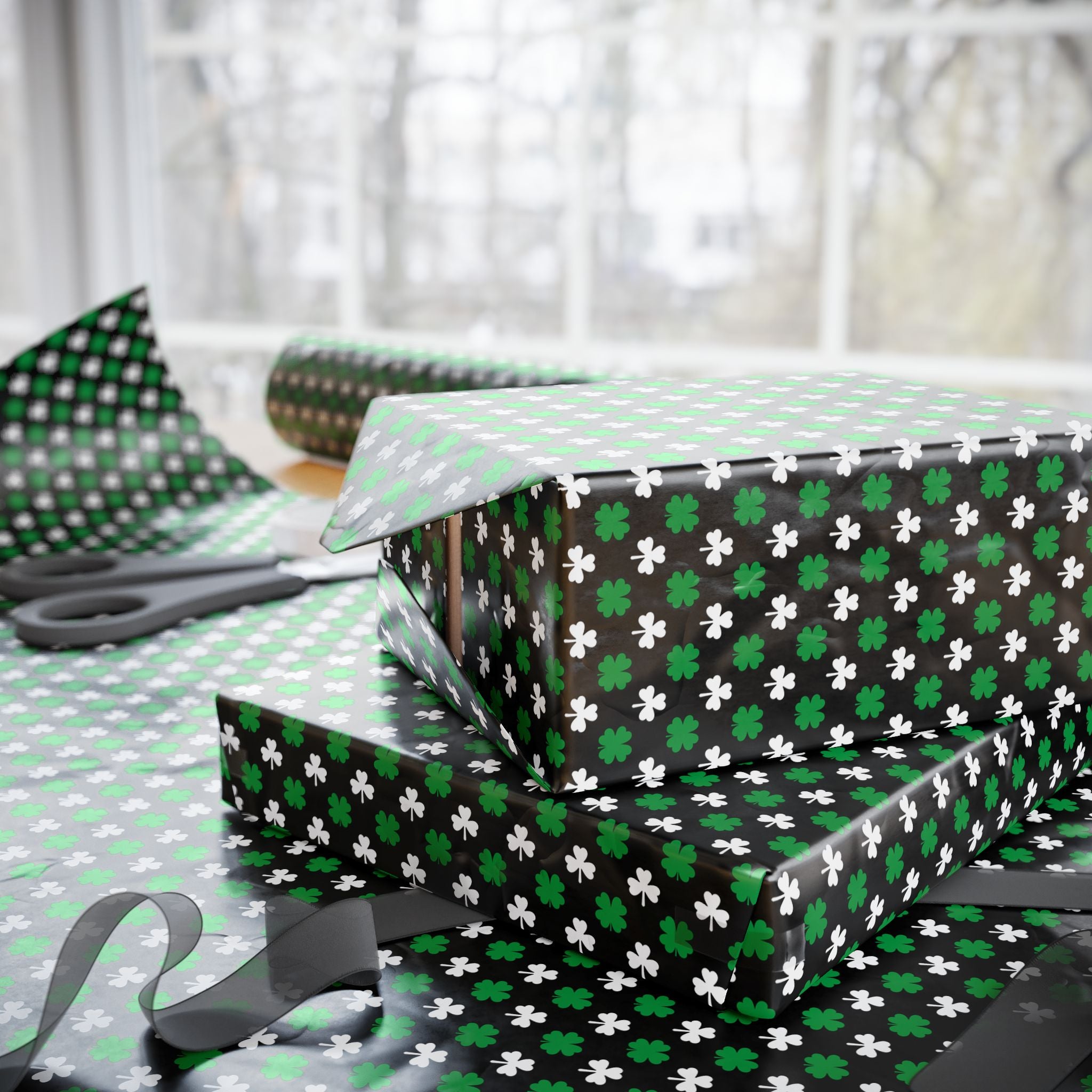 St Patrick's Day Clover on Black Wrapping Paper | Holiday Gift Wrapping Paper Roll