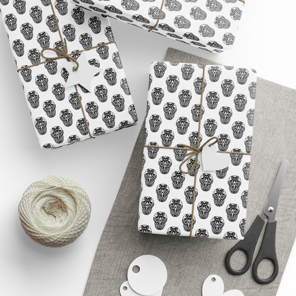 Day of the Dead Black Sugar Skulls on White Wrapping Paper | Holiday Gift Wrapping Paper Roll