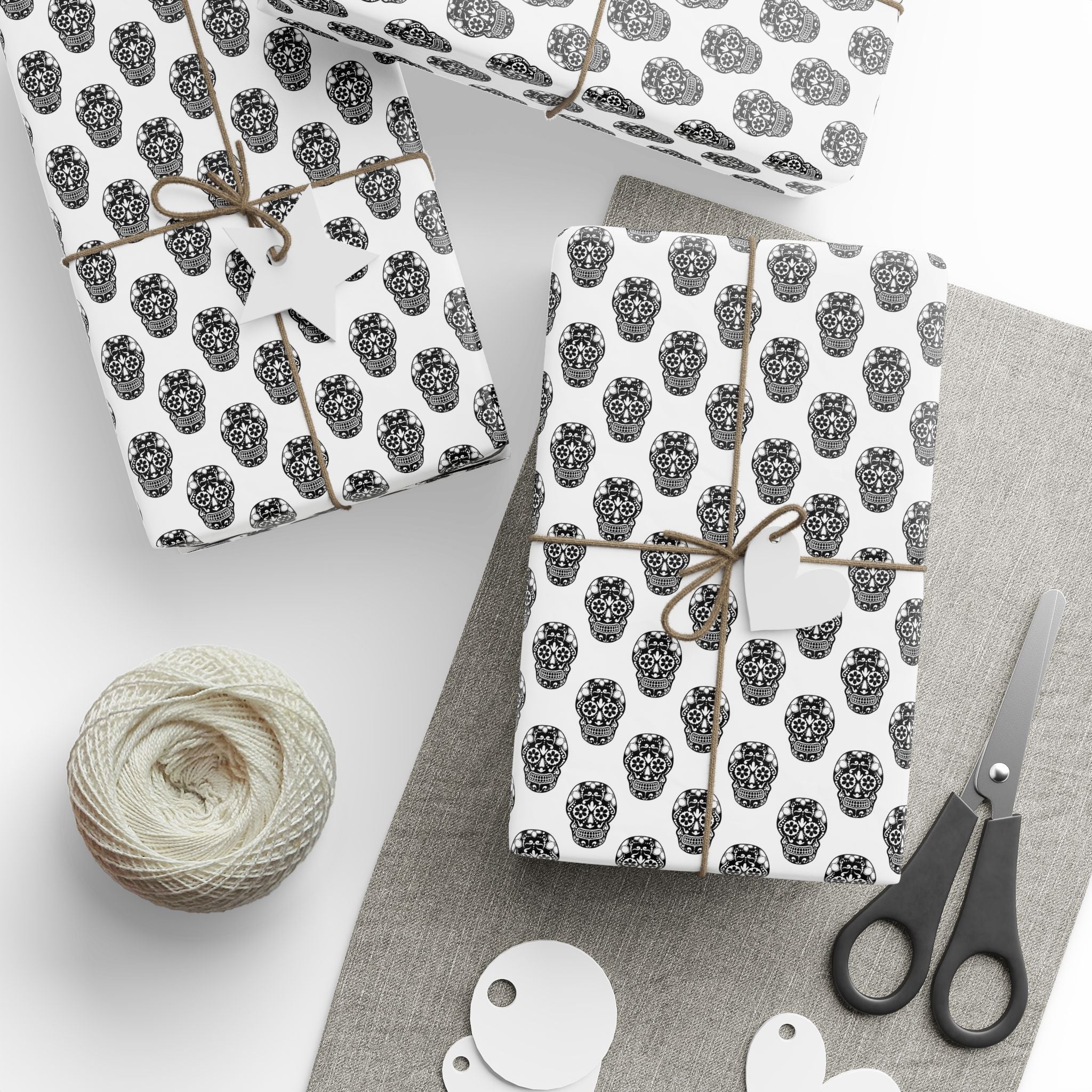 Day of the Dead Black Sugar Skulls on White Wrapping Paper | Holiday Gift Wrapping Paper Roll