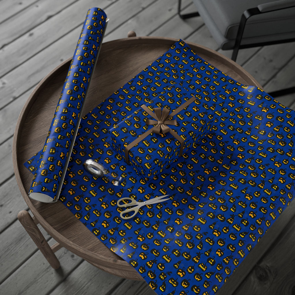 Halloween Jack-O-Lanterns on Blue Wrapping Paper | Holiday Gift Wrapping Paper