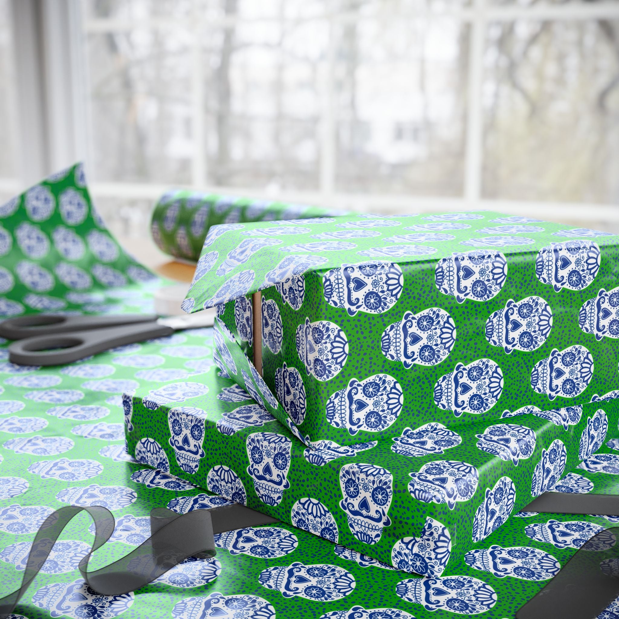 Day of the Dead Sugar Skulls on Green Wrapping Paper | Holiday Gift Wrapping Paper Roll