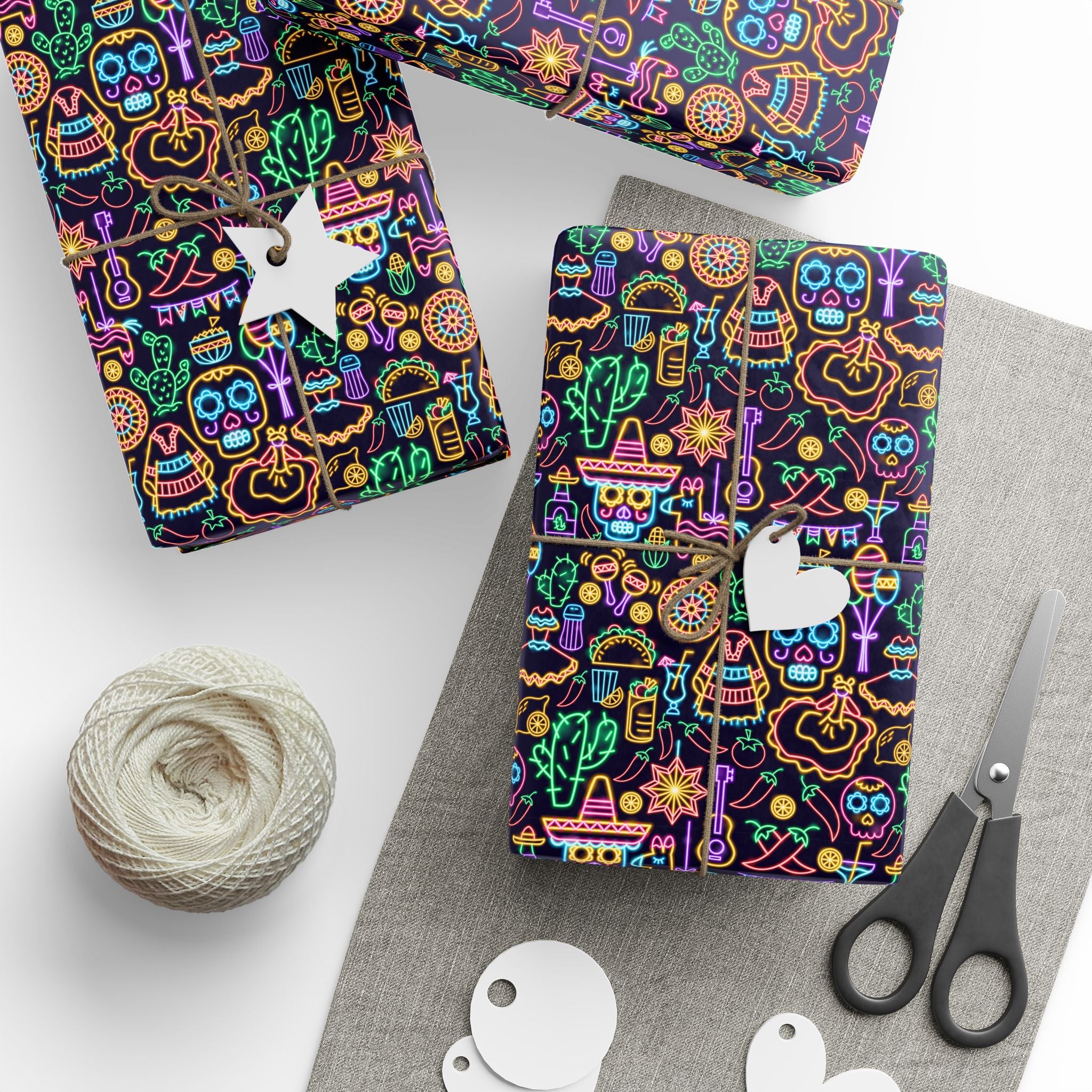 Day of the Dead Neon Icons Wrapping Paper | Holiday Gift Wrapping Paper Roll