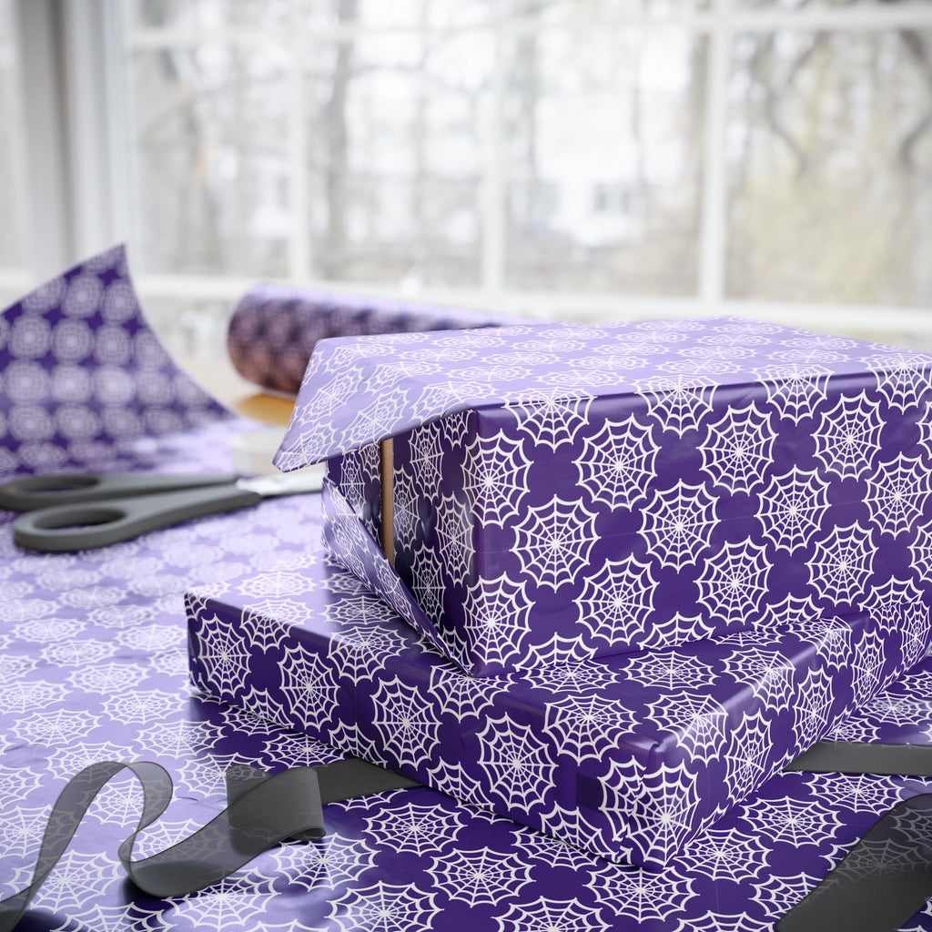 Halloween White Webbing  on Purple Wrapping Paper | Holiday Gift Wrapping Paper Roll