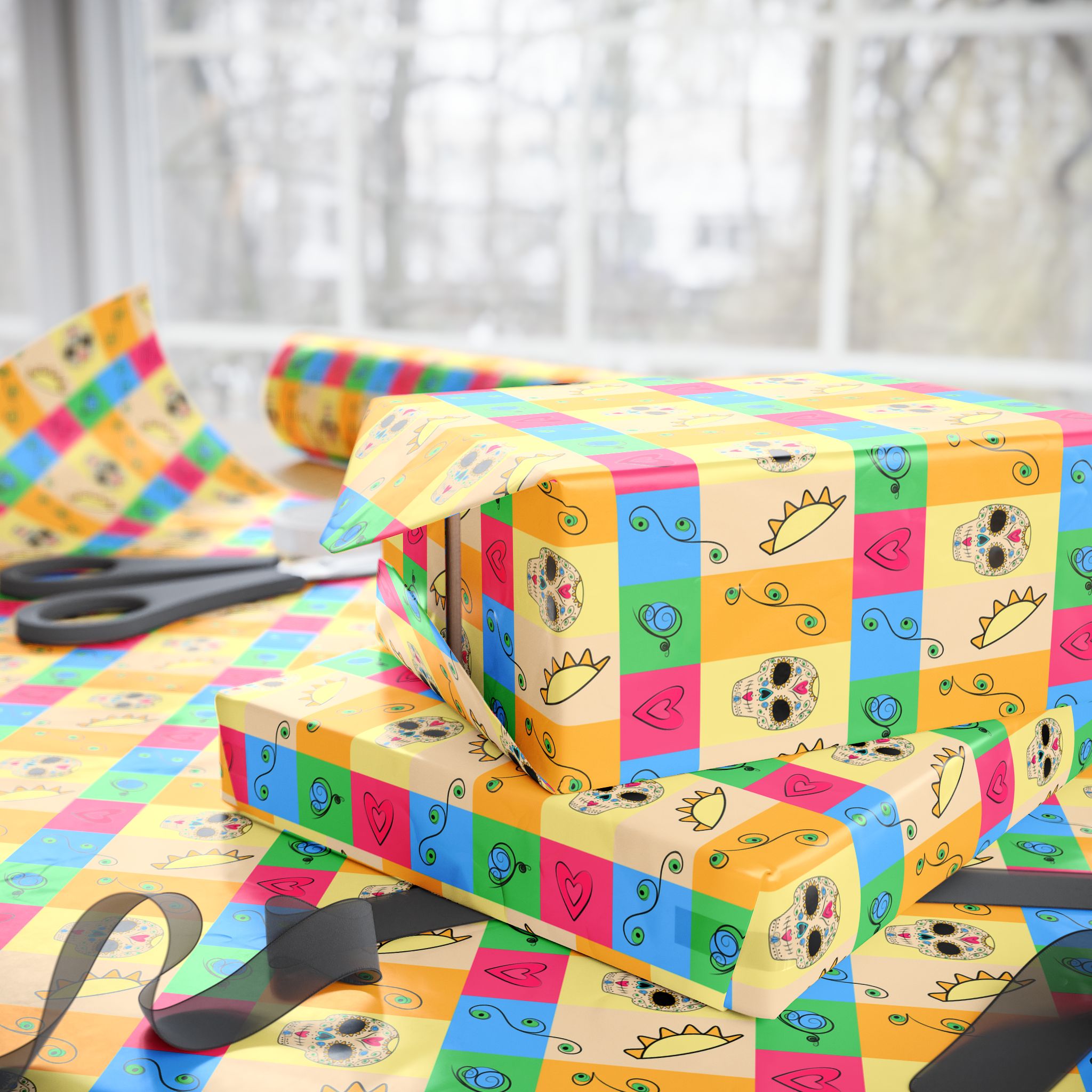 Day of the Dead Checkerboard Skulls Wrapping Paper | Holiday Gift Wrapping Paper Roll