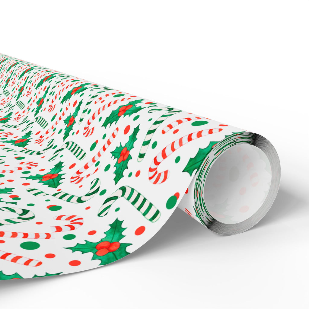 Christmas Candy Cane Holly Wrapping Paper | Holiday Gift Wrapping Paper Roll