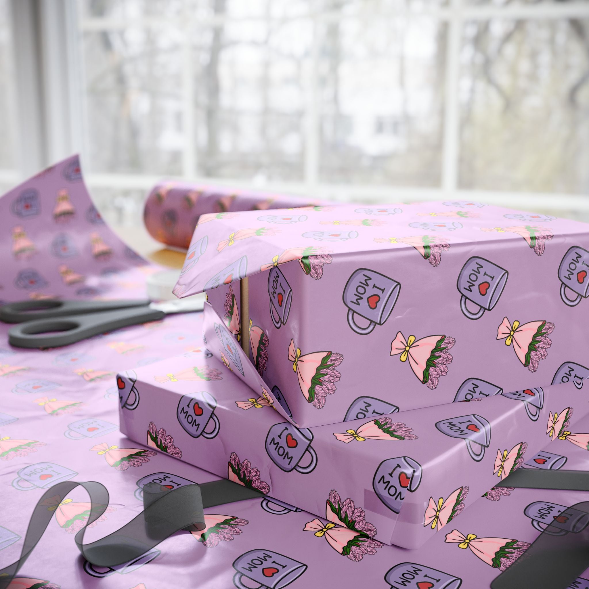 Mother's Day I Love Mom Coffee Cups Wrapping Paper - Holiday Gift Wrapping Paper Roll