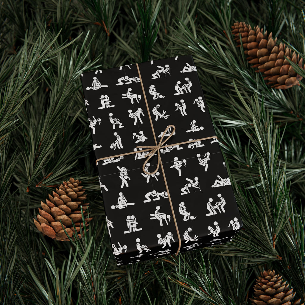 NSFW Stick Figure X Rated Fun on Black Wrapping Paper - Holiday Gift Wrapping Paper Roll