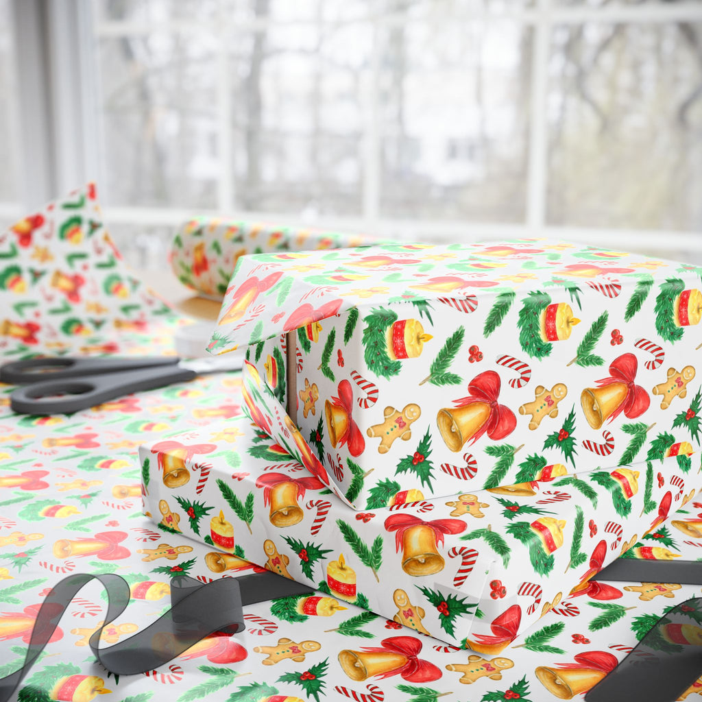 Christmas Watercolor Bells Wrapping Paper | Holiday Gift Wrapping Paper Roll