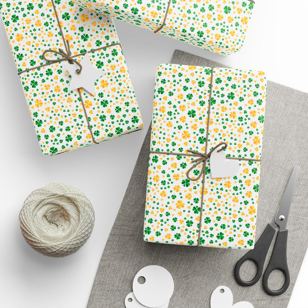 St Patrick's Day Green & Gold Clover Wrapping Paper | Holiday Gift Wrapping Paper Roll