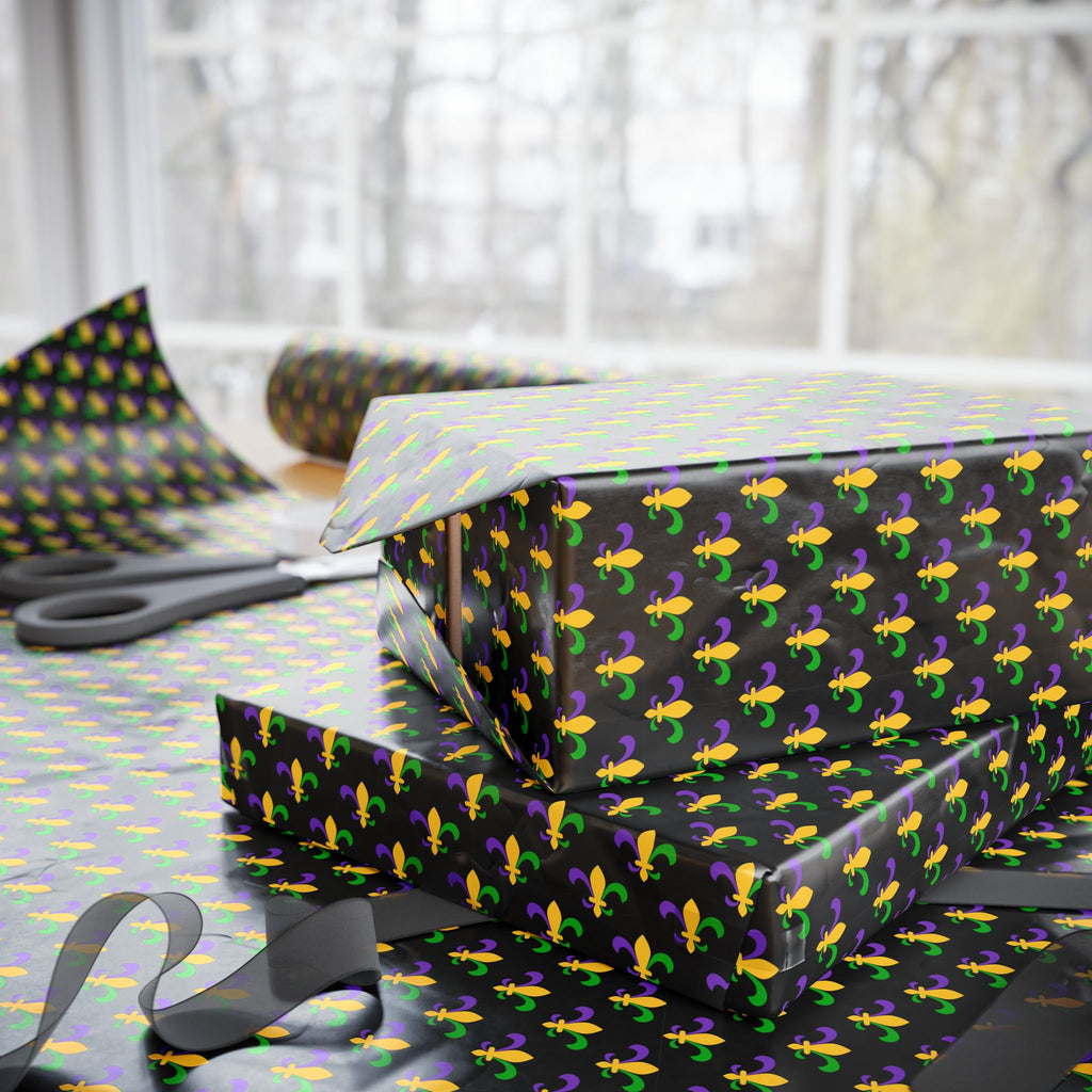 Mardis Gras Fleur De Lis on Black Wrapping Paper | Holiday Gift Wrapping Paper Roll