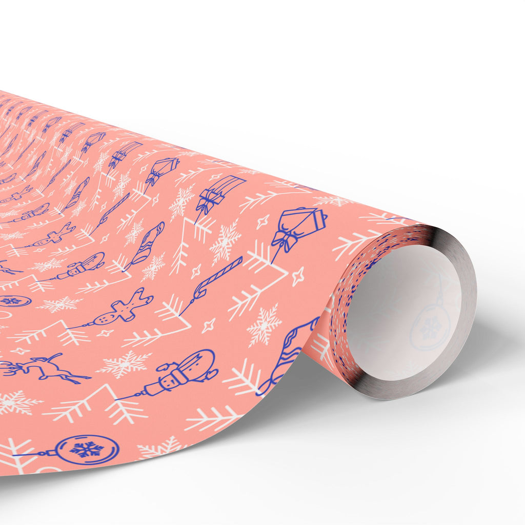Christmas Ornaments on Peach Wrapping Paper | Holiday Gift Wrapping Paper Roll