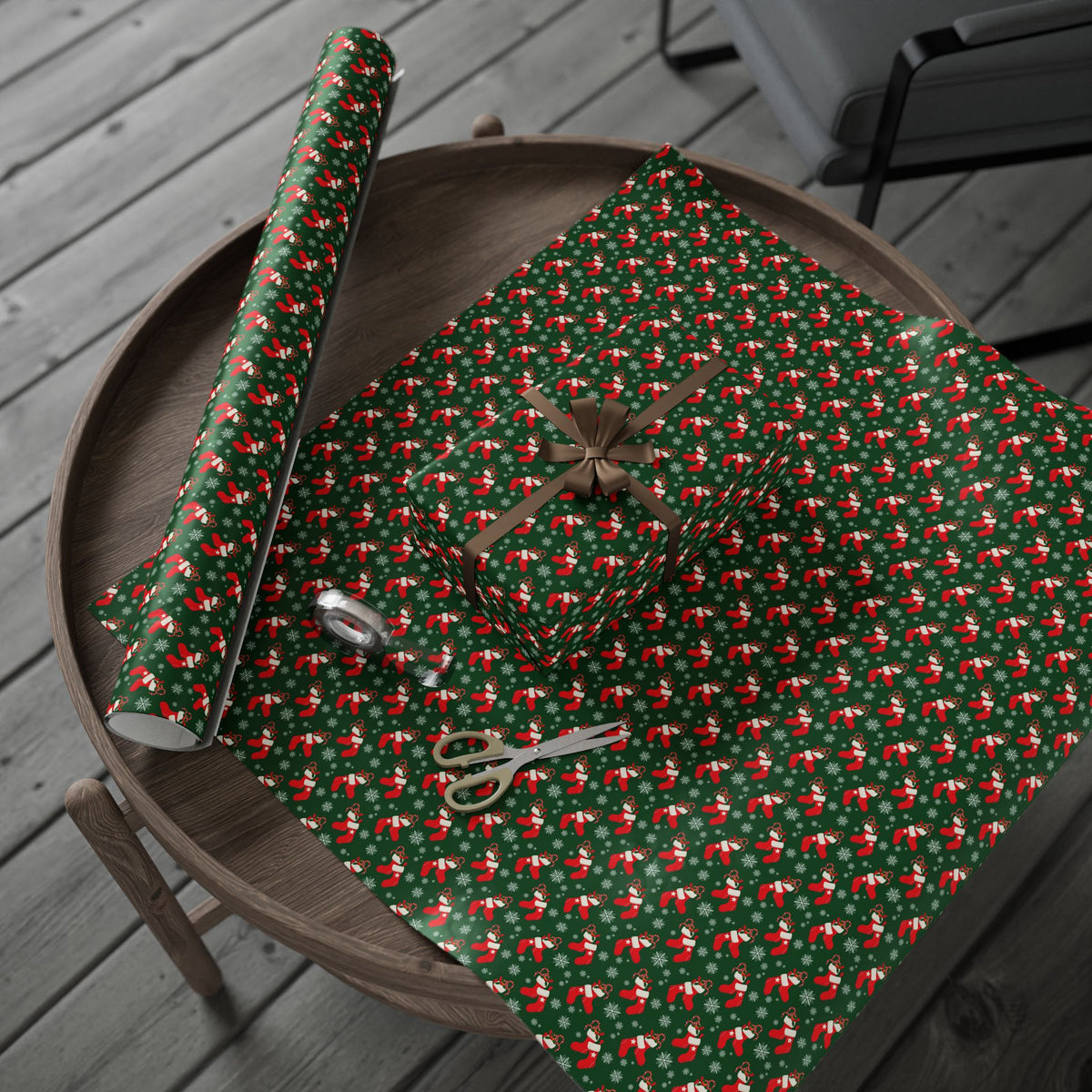 Christmas Holly Stockings Wrapping Paper | Holiday Gift Wrapping Paper Roll