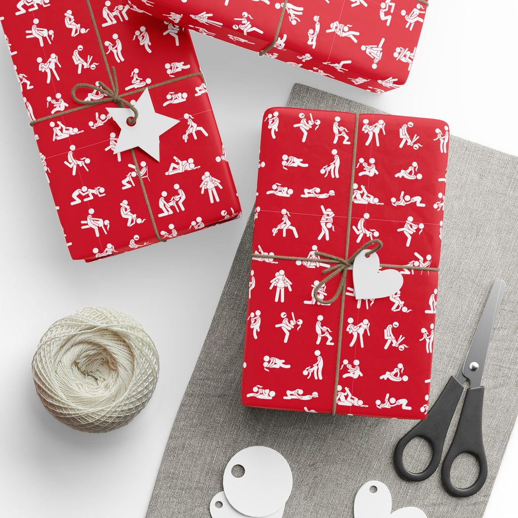 NSFW Stick Figure X Rated Fun on Red Wrapping Paper - Holiday Gift Wrapping Paper Roll