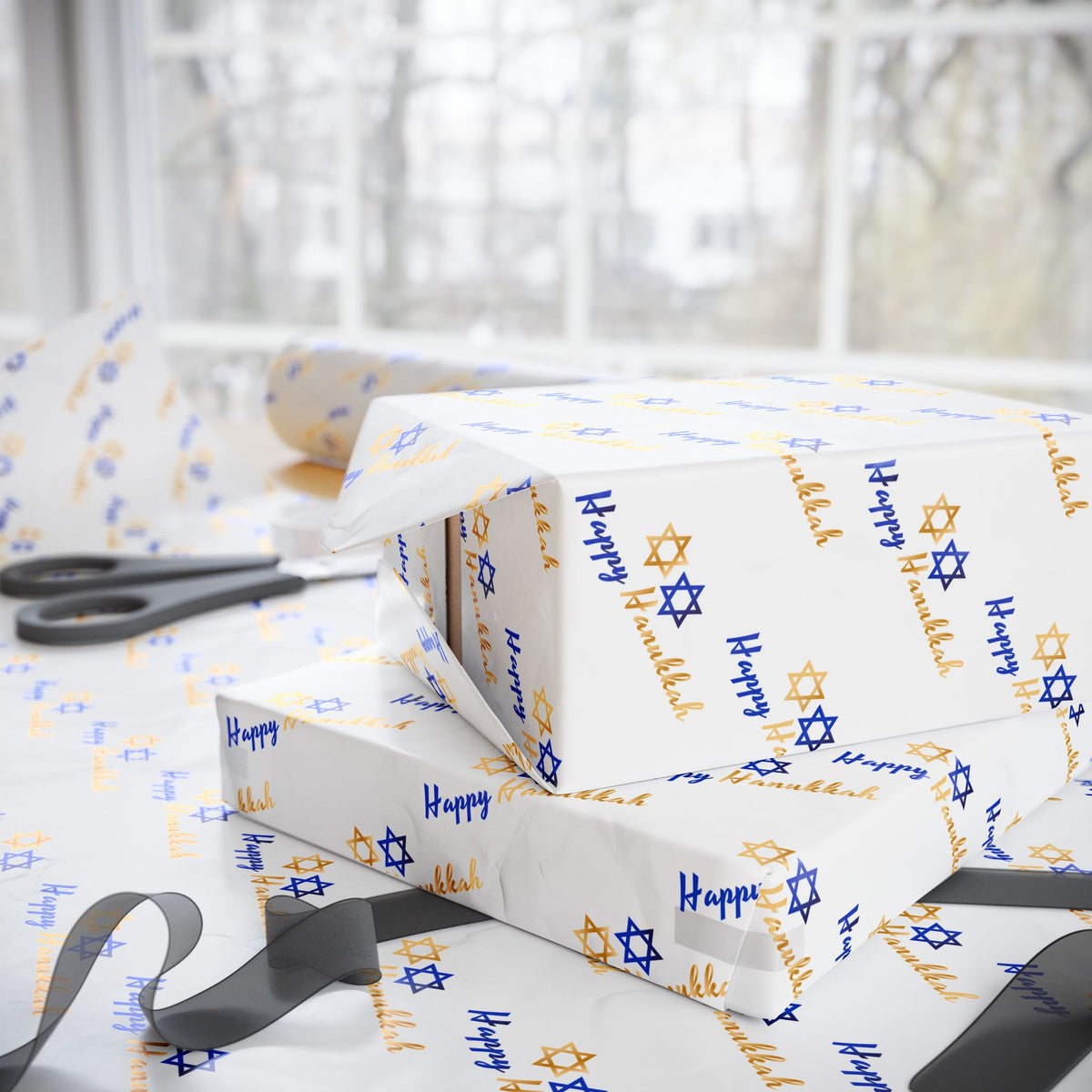 Hanukkah Gold Greetings Wrapping Paper | Holiday Gift Wrapping Paper Roll