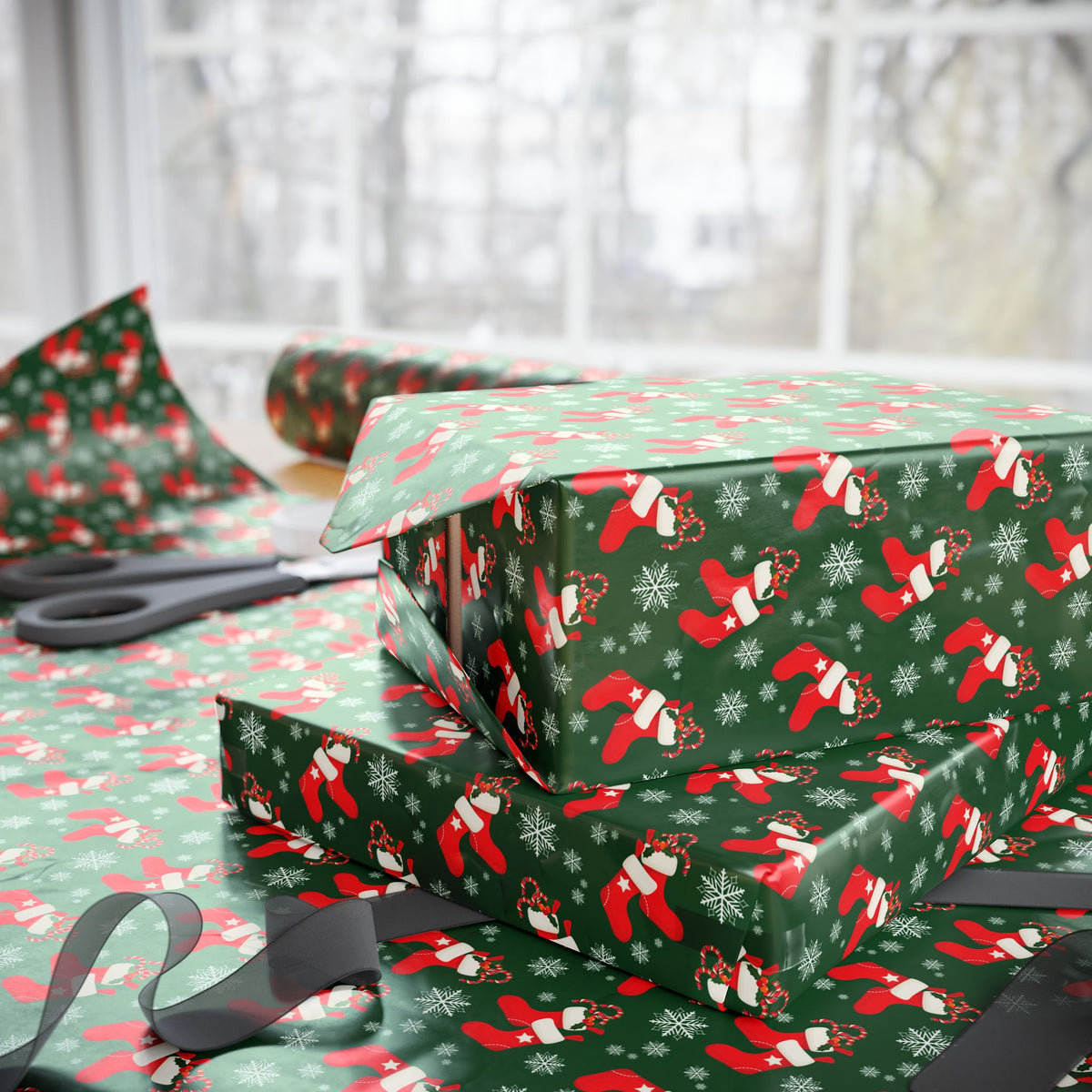 Christmas Holly Stockings Wrapping Paper | Holiday Gift Wrapping Paper Roll
