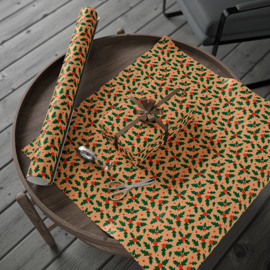 Christmas Holly Berries on Tan Wrapping Paper | Holiday Gift Wrapping Paper Roll