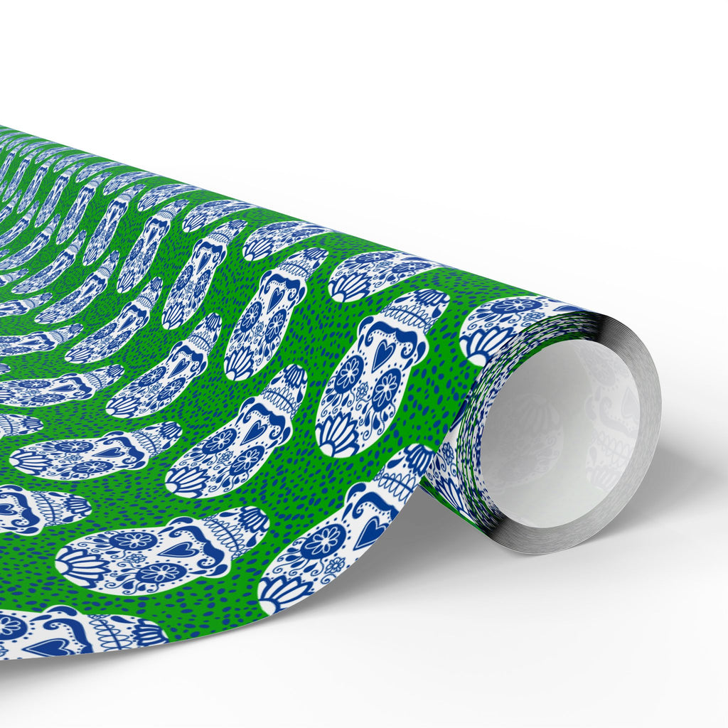 Day of the Dead Sugar Skulls on Green Wrapping Paper | Holiday Gift Wrapping Paper Roll