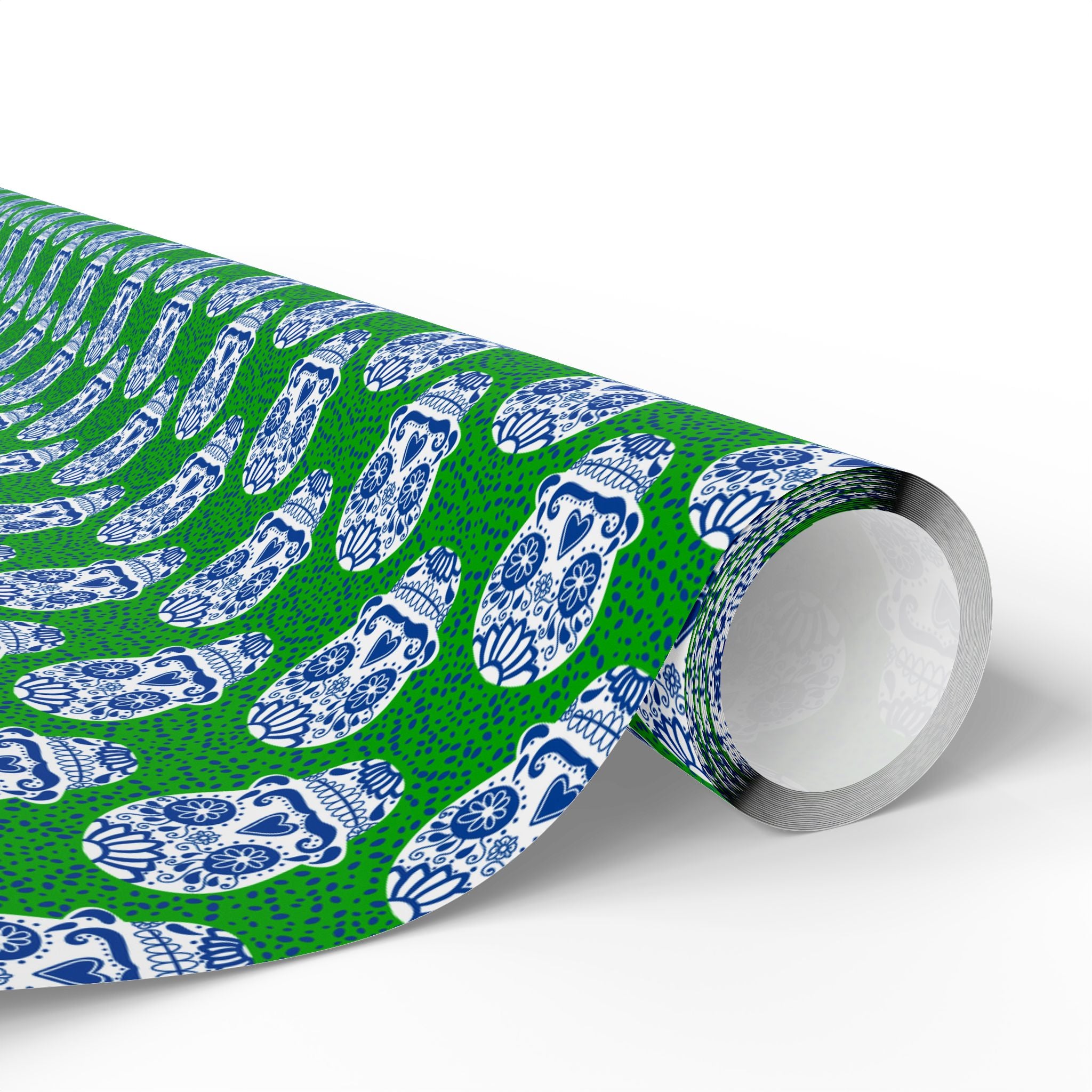 Day of the Dead Sugar Skulls on Green Wrapping Paper | Holiday Gift Wrapping Paper Roll