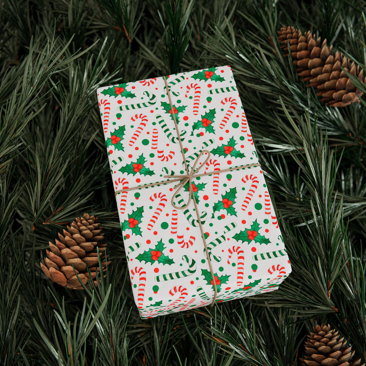 Christmas Candy Cane Holly Wrapping Paper | Holiday Gift Wrapping Paper Roll