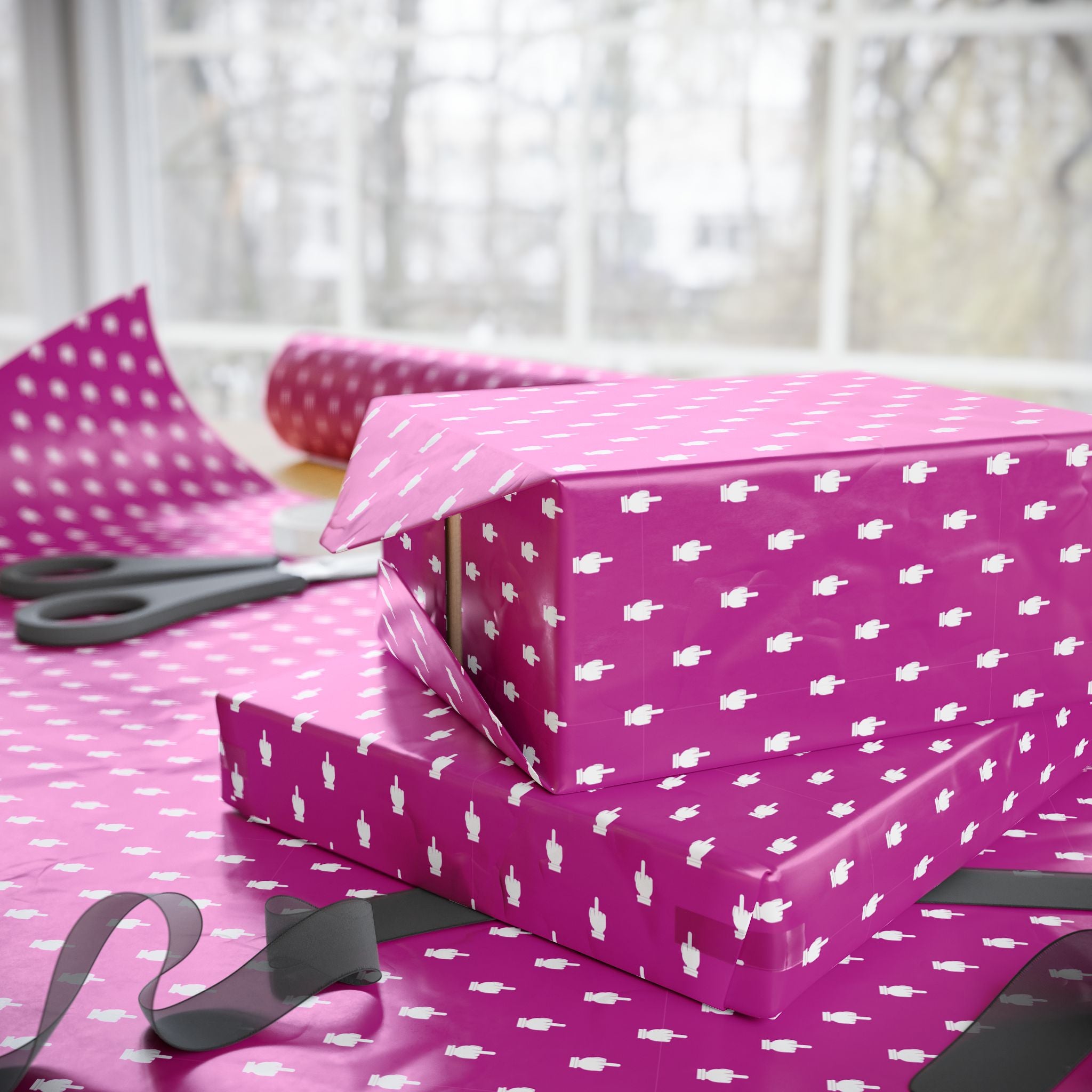 NSFW Friendly Hello Middle Finger on Hot Pink Wrapping Paper - Holiday Gift Wrapping Paper Roll
