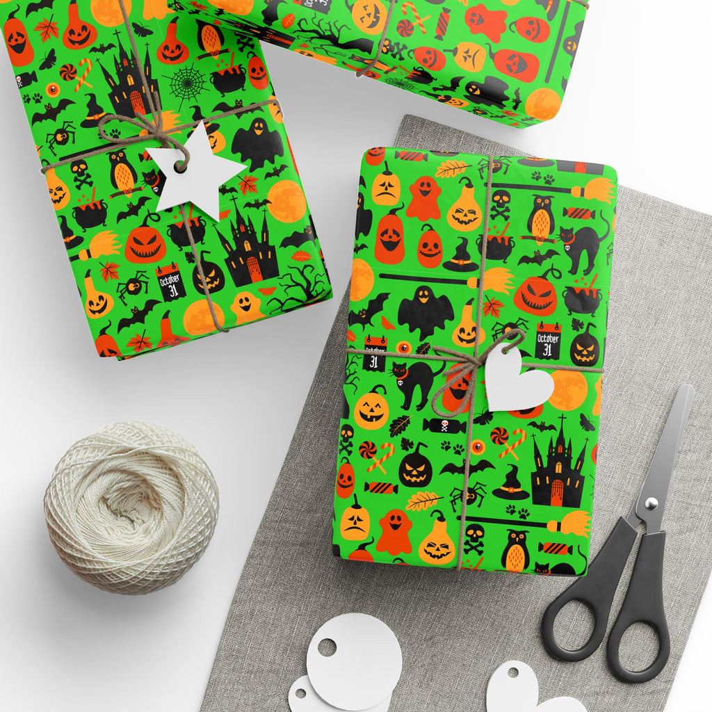 Halloween Black Cat Collage on Neon Green Wrapping Paper | Holiday Gift Wrapping Paper Roll