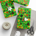 Halloween Black Cat Collage on Neon Green Wrapping Paper | Holiday Gift Wrapping Paper Roll