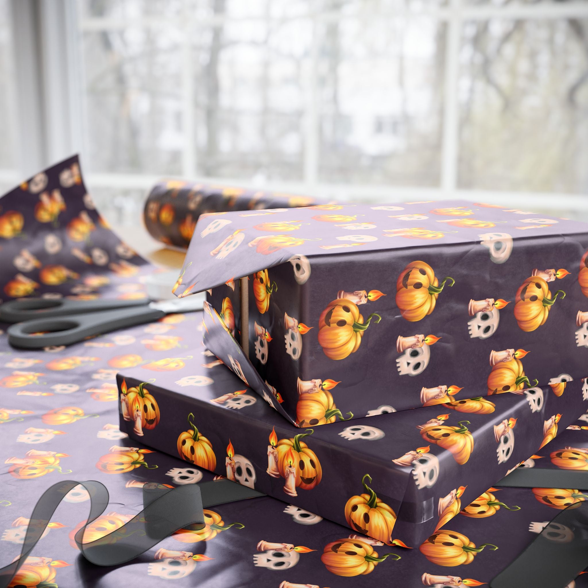 Halloween Pumpkin Candles Wrapping Paper | Holiday Gift Wrapping Paper Roll