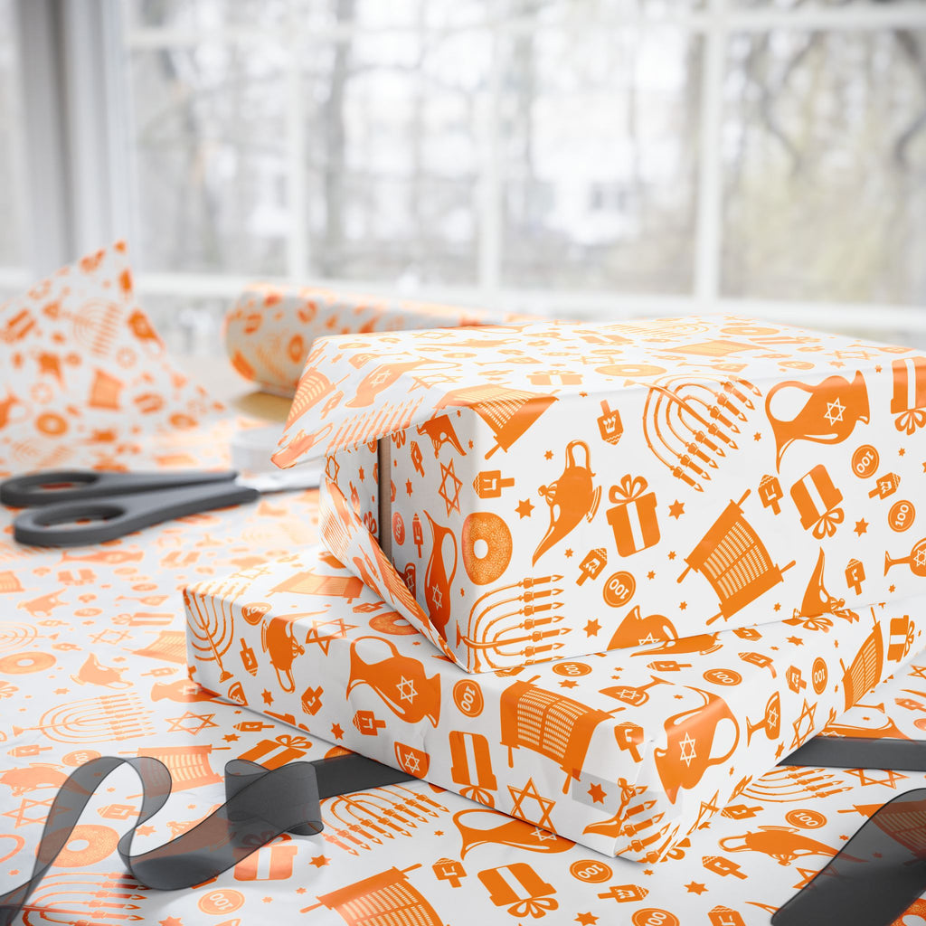 Hanukkah Orange Elements Wrapping Paper | Holiday Gift Wrapping Paper Roll