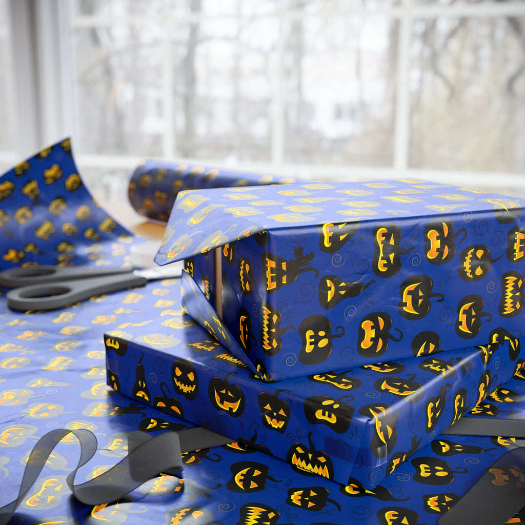 Halloween Jack-O-Lanterns on Blue Wrapping Paper | Holiday Gift Wrapping Paper