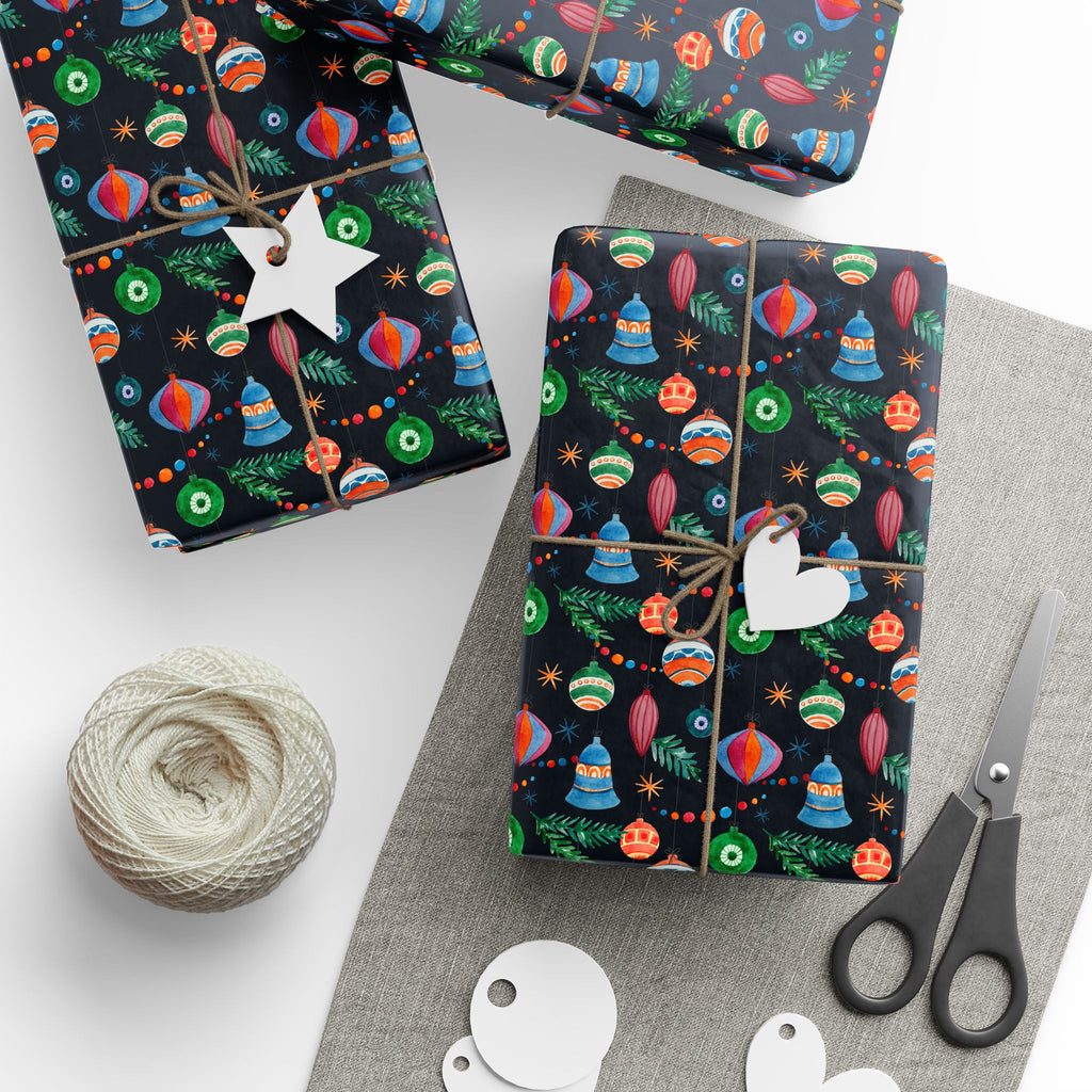 Christmas Watercolor Ornaments Wrapping Paper | Holiday Gift Wrapping Paper Roll