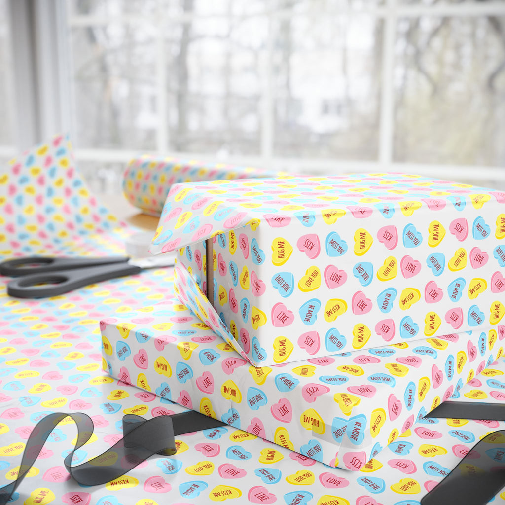 Valentine's Day Candy Hearts on White Wrapping Paper | Holiday Gift Wrapping Paper Roll