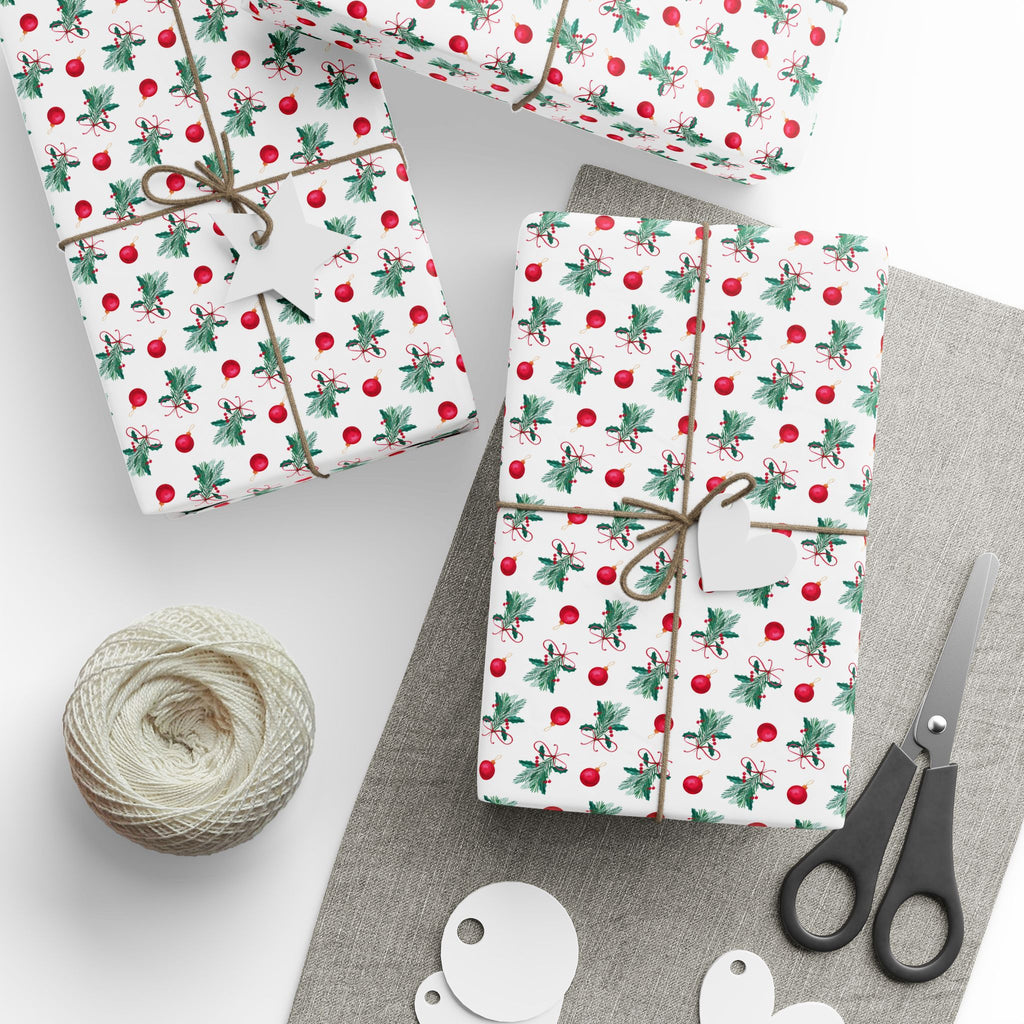 Christmas Mistletoe Ornaments Wrapping Paper | Holiday Gift Wrapping Paper Roll