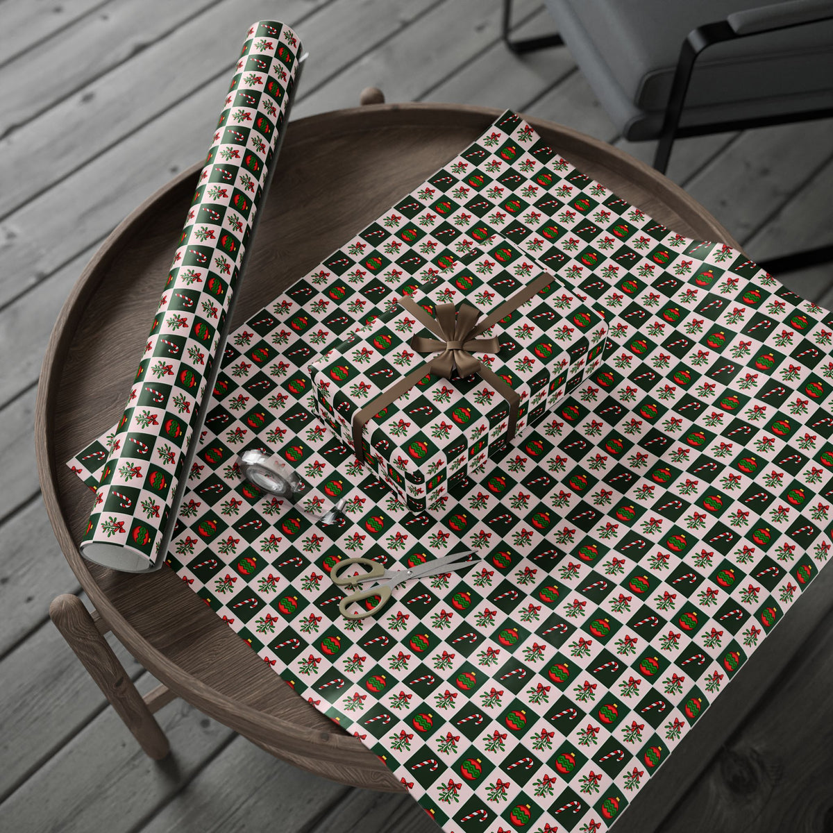 Christmas Checkerboard Mistletoe Wrapping Paper | Holiday Gift Wrapping Paper Roll