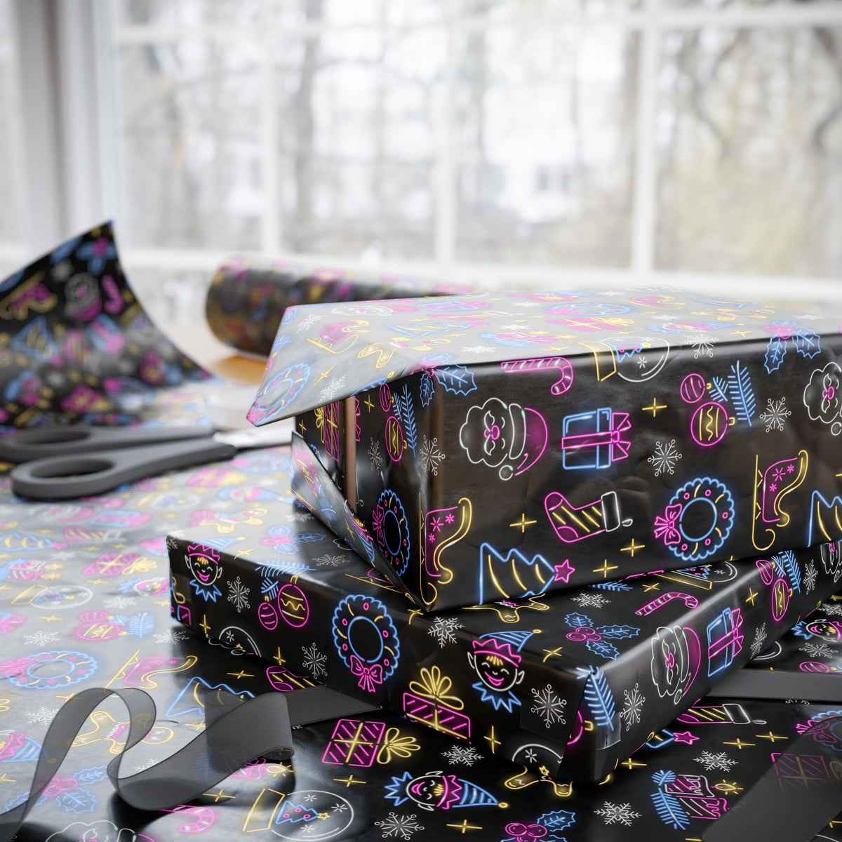 Christmas Neon Icons Wrapping Paper | Holiday Gift Wrapping Paper Roll