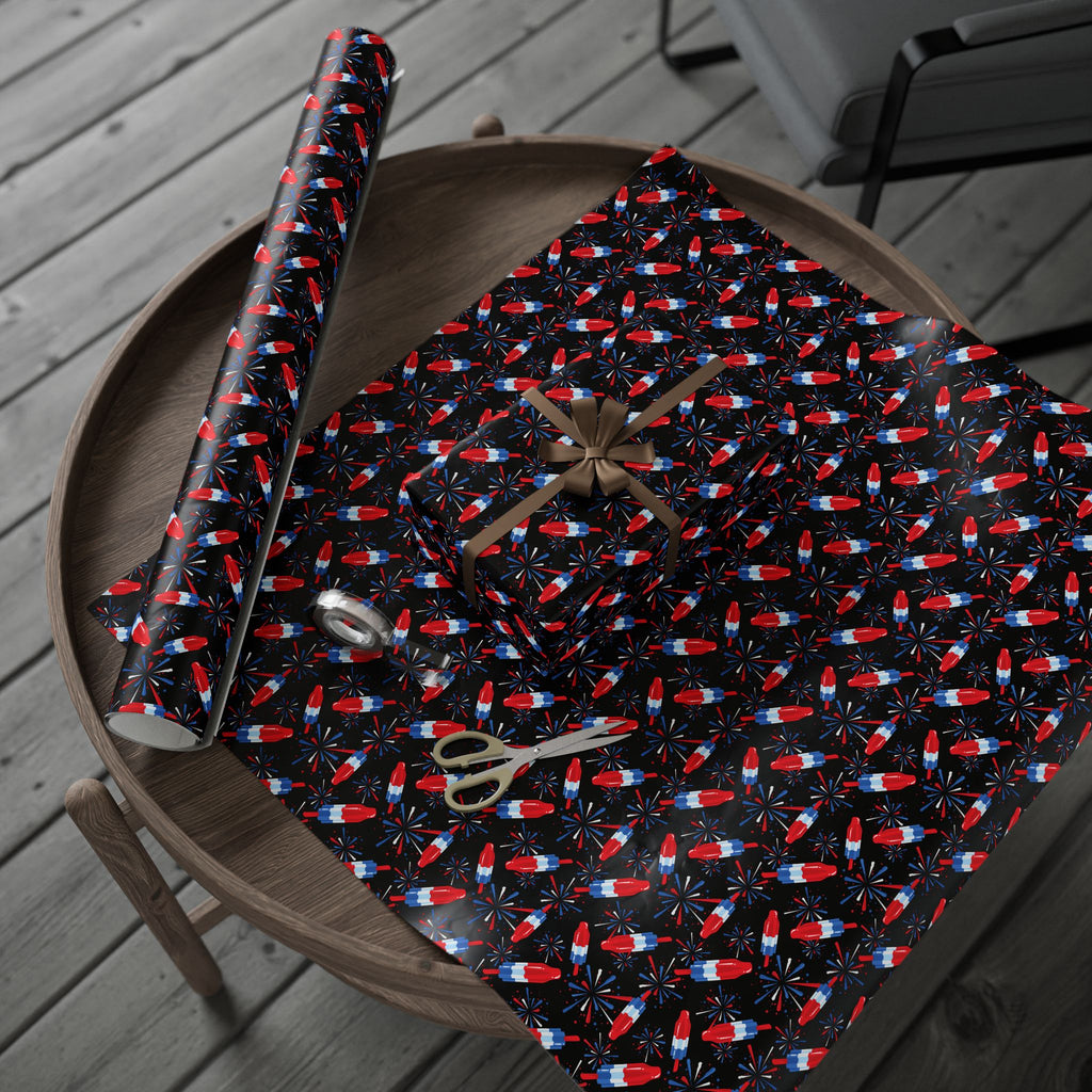 4th of July Rocket Pop on Black Wrapping Paper | Holiday Gift Wrapping Paper Roll