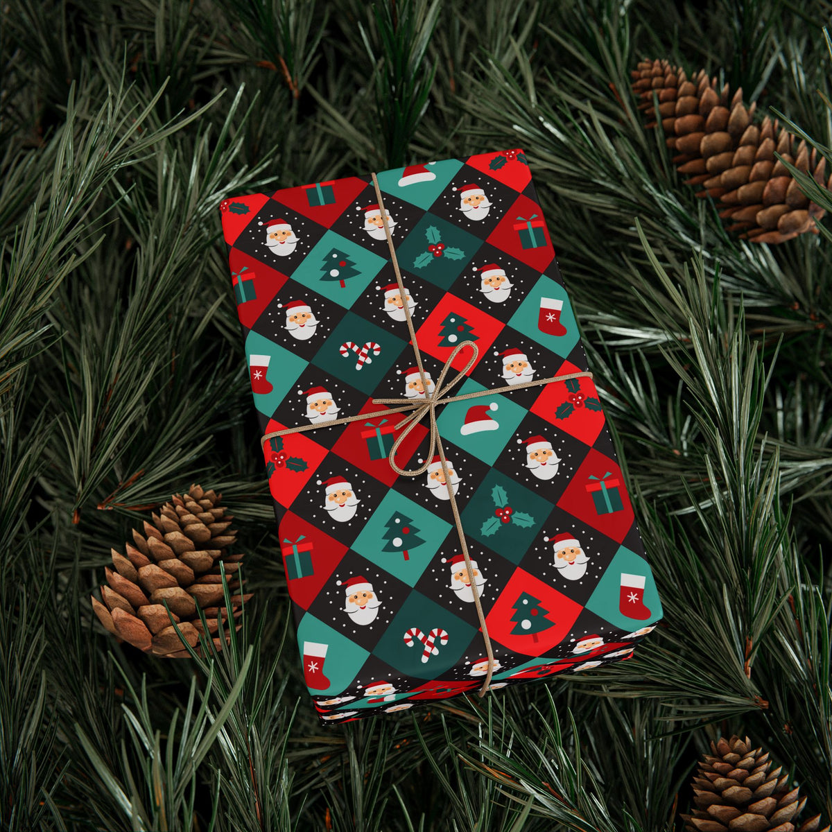 Christmas Checkered Santa Wrapping Paper | Holiday Gift Wrapping Paper Roll