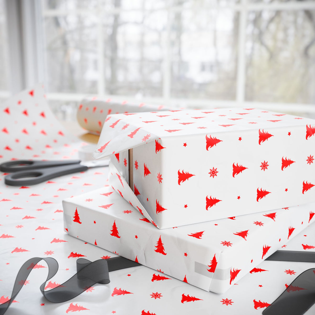 Christmas Red Evergreens Wrapping Paper | Holiday Gift Wrapping Paper Roll