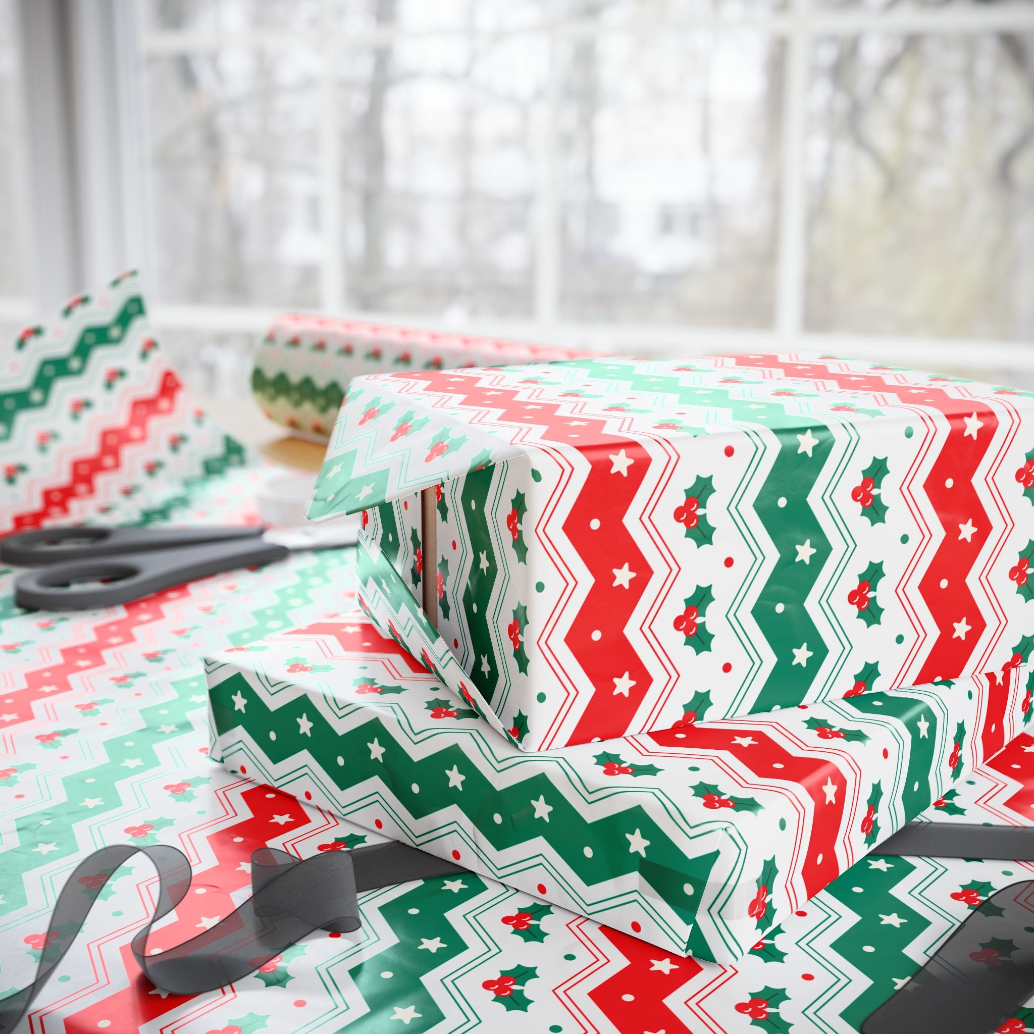 Christmas Boughs of Holly Chevron Wrapping Papers | Holiday Gift Wrapping Paper Roll