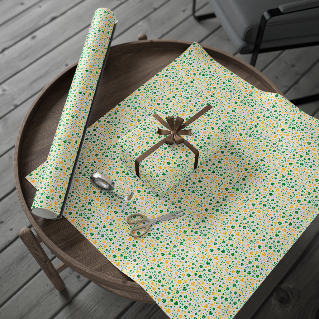 St Patrick's Day Green & Gold Clover Wrapping Paper | Holiday Gift Wrapping Paper Roll