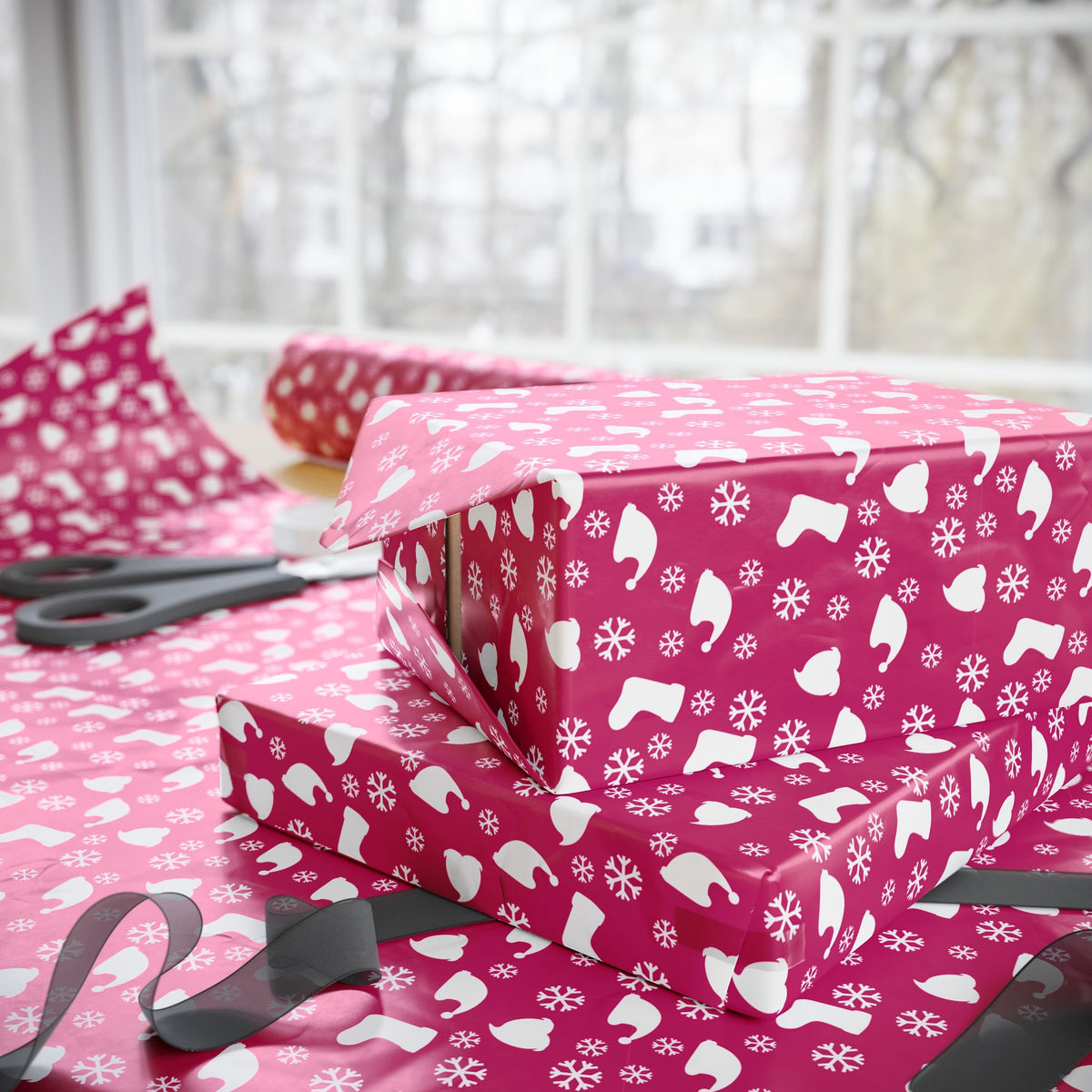 Christmas Stockings on Raspberry Wrapping Paper | Holiday Gift Wrapping Paper Roll