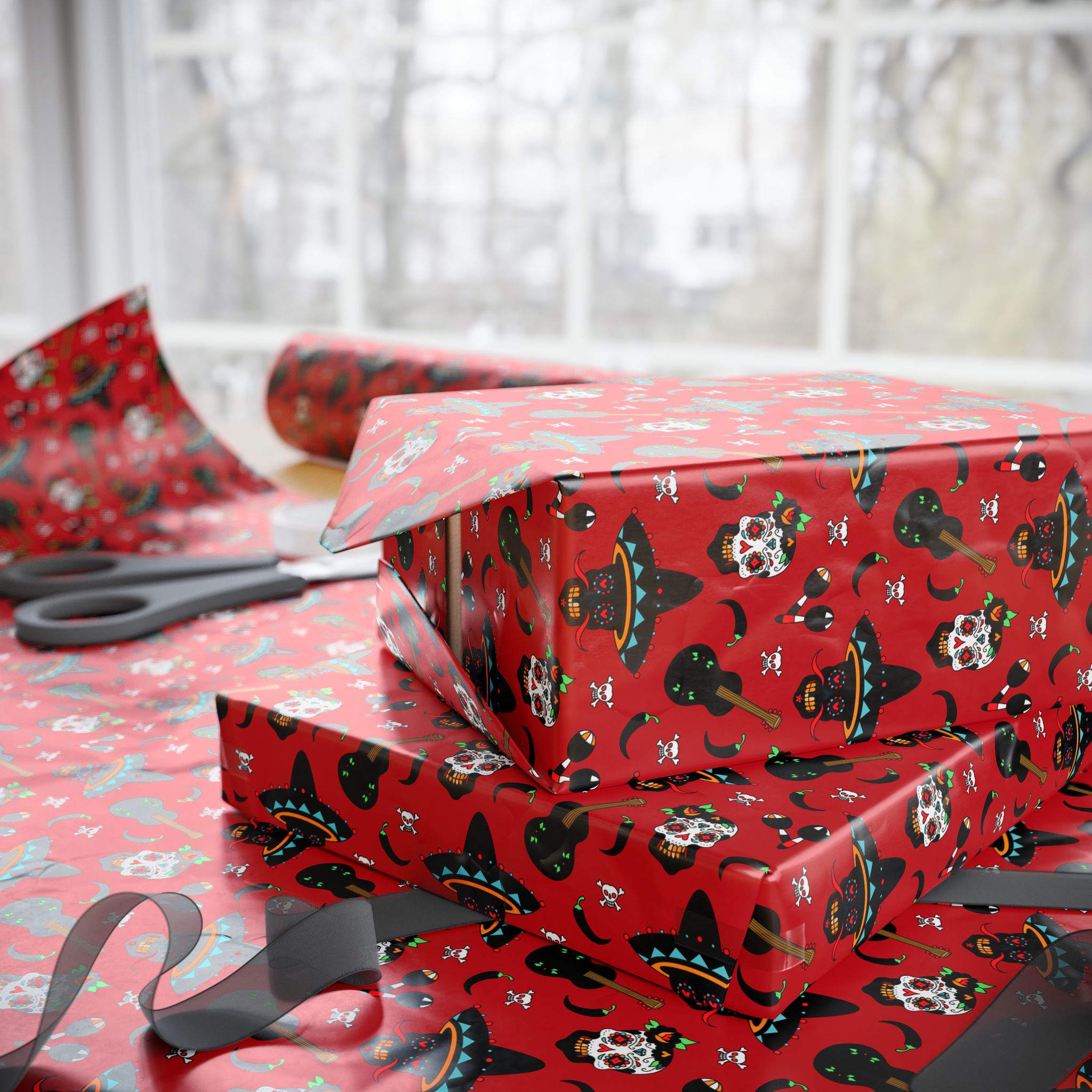 Day of the Dead Chili Pepper Skulls Wrapping Paper | Holiday Gift Wrapping Paper Roll