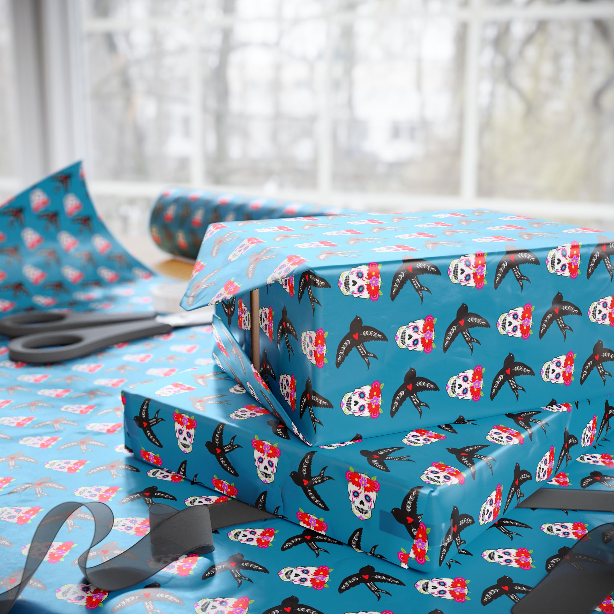 Day of the Dead Flying Birds Wrapping Paper | Holiday Gift Wrapping Paper Roll