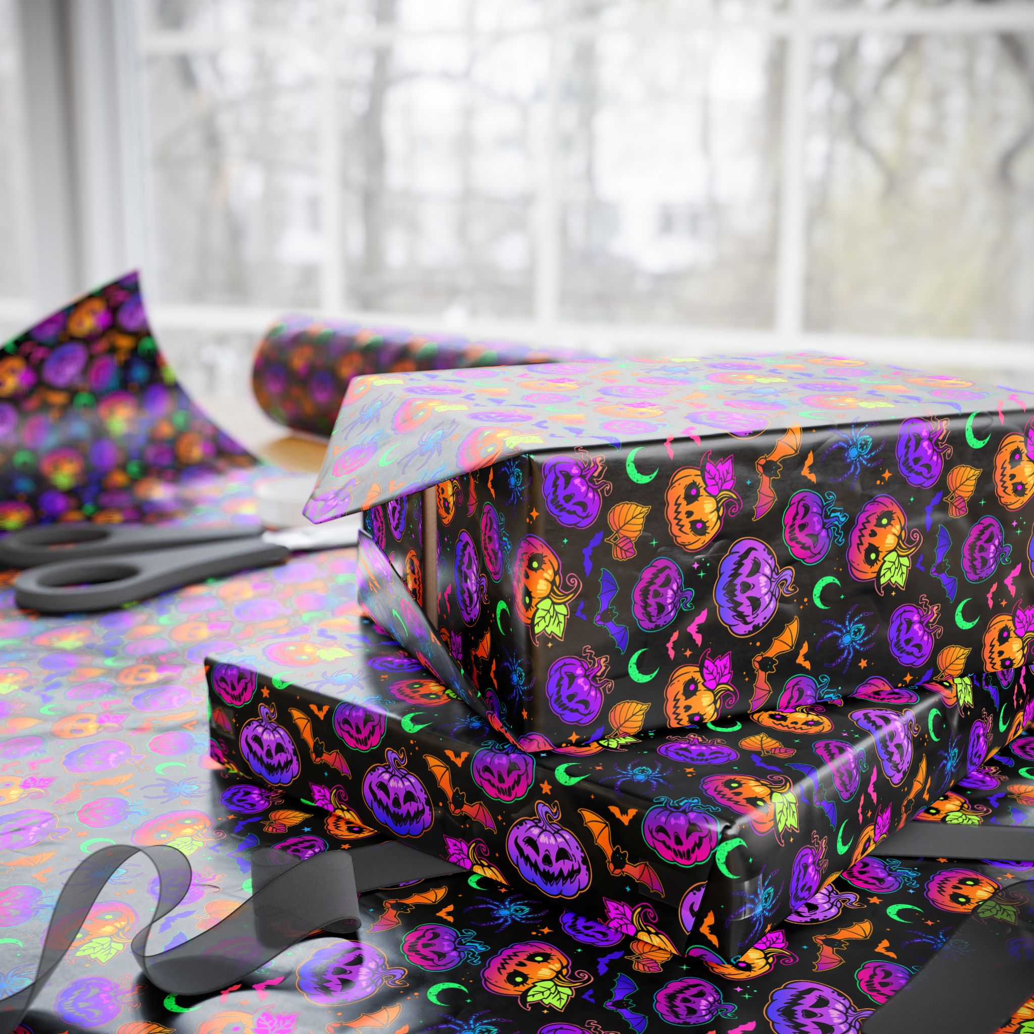 Halloween Fluorescent Pumpkins Wrapping Paper | Holiday Gift Wrapping Paper Roll
