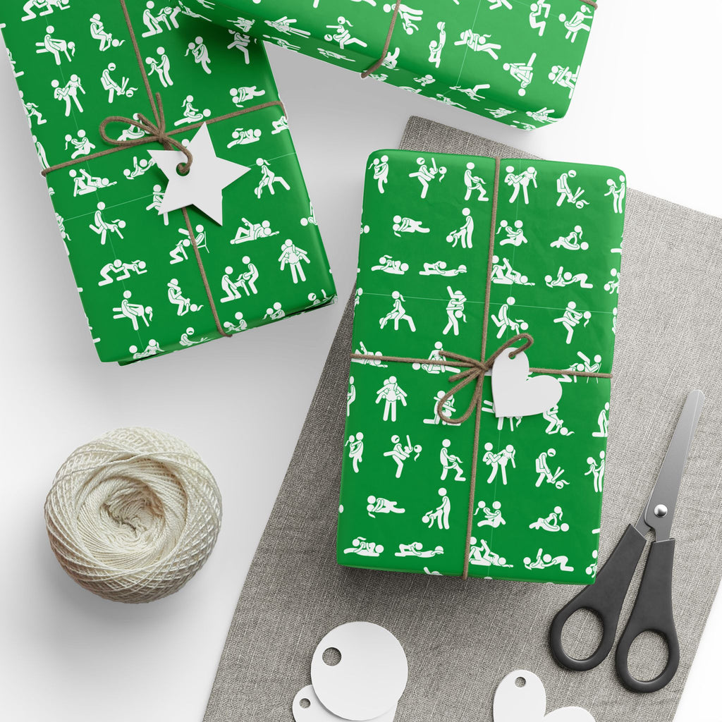 NSFW Stick Figure X Rated Fun on Green Wrapping Paper - Holiday Gift Wrapping Paper Roll
