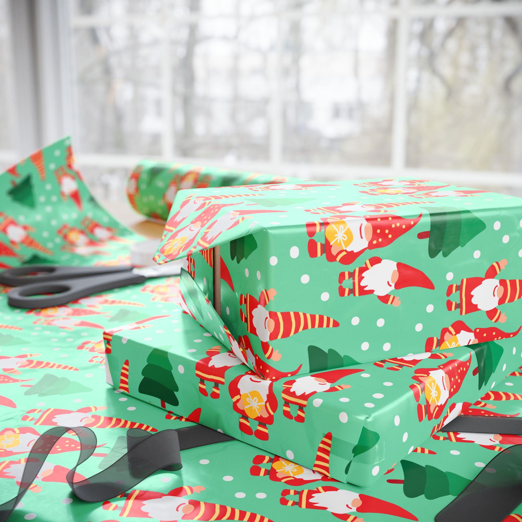 Christmas Seafoam Gnomes Wrapping Paper | Holiday Gift Wrapping Paper Roll