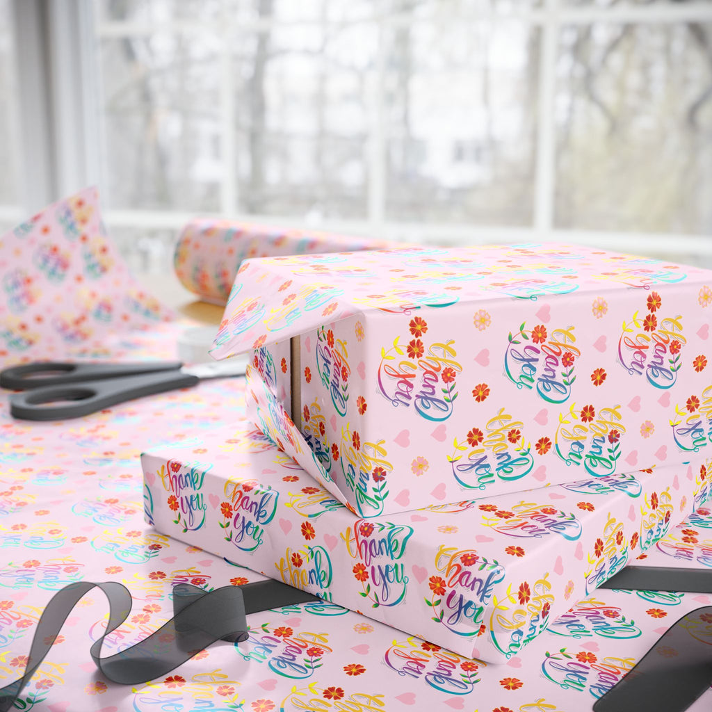 Thank You Cursive Flowers Wrapping Paper Design | Holiday Gift Wrapping Paper Roll