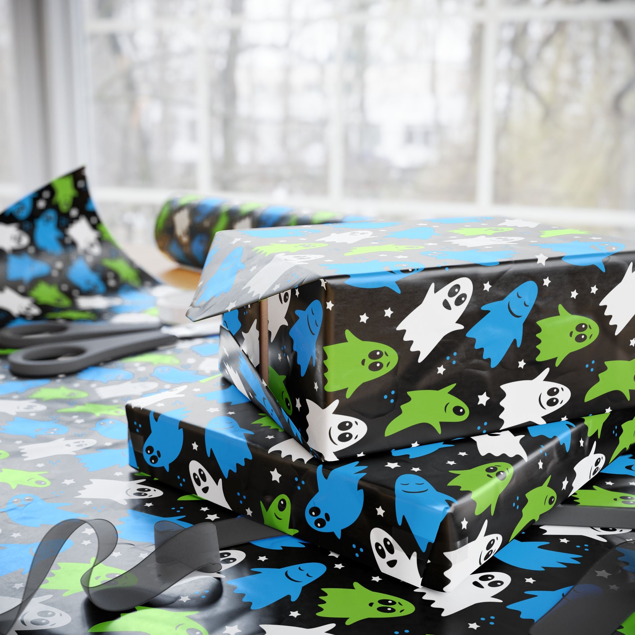 Halloween Colorful Ghosts Wrapping Paper | Holiday Gift Wrapping Paper Roll