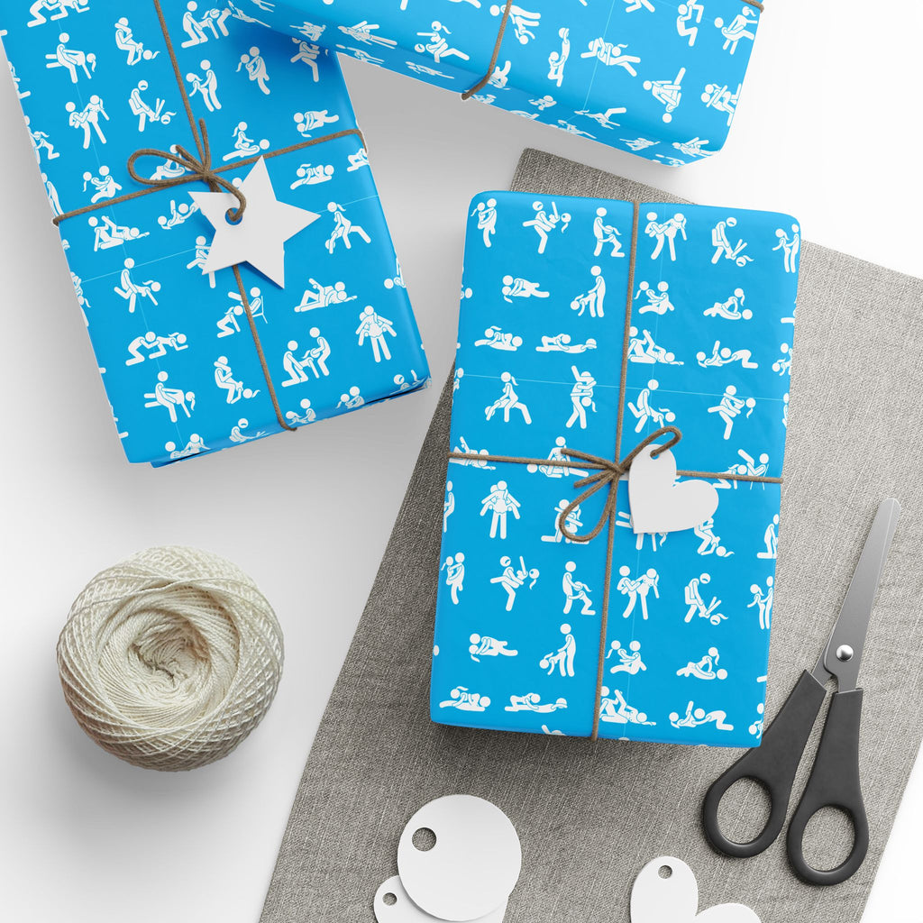 NSFW Stick Figure X Rated Fun on Sky Blue Wrapping Paper - Holiday Gift Wrapping Paper Roll